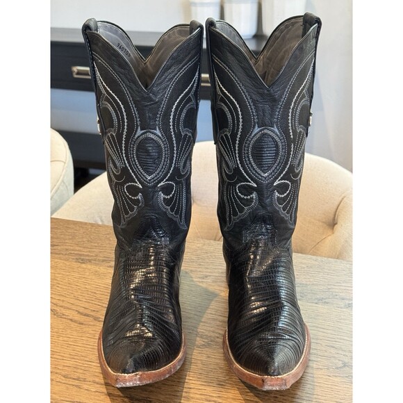 Los Altos Genuine Lizard Teju Cowboy Boots Men’s Sz 7.5 Black Pull On Snip Toe - Picture 3 of 16